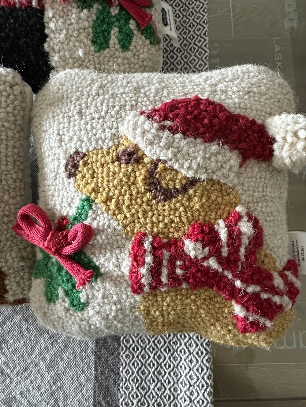 New set of 3 Christmas hooked wool dog pillows Mud Pie